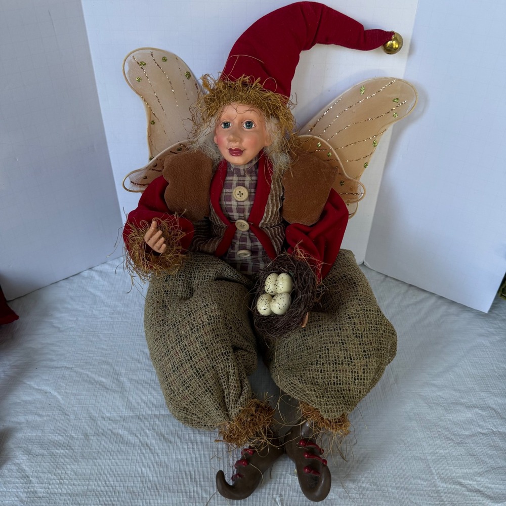 Vintage Winward Woodland Fairy Shelf Sitter Doll Red Velvet Burlap Bird Nest 24"
